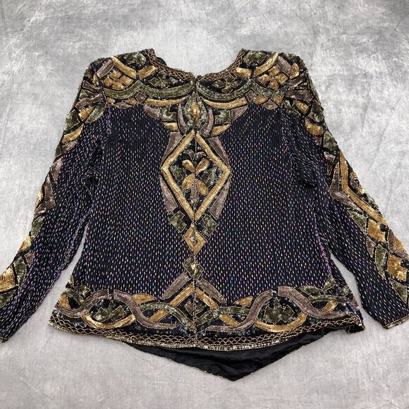 Unbranded Blouse Women Medium Black Gold Multi All Bead Floral Diamond Silk VTG - Picture 10 of 12